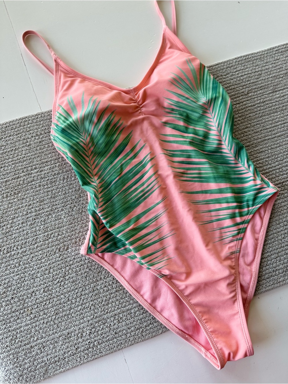 Xhilaration Pink One-Piece Swimsuit with Green Palm Print Size Medium